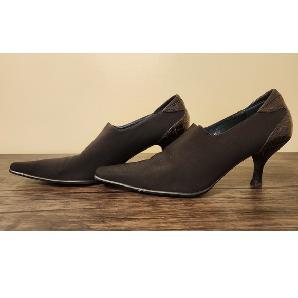 Donald Pliner Brown Stretch Fabric Pumps Snake Leather Heel Size 7.5 - Picture 4 of 7